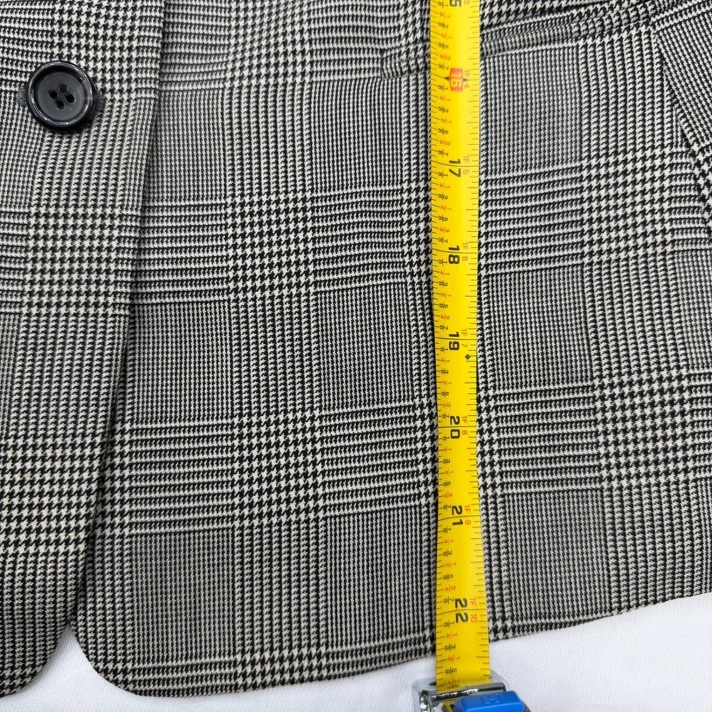 100% Wool Blazer Jacket Petite 4P 3-Button‎ Grey Glen Plaid Office Career